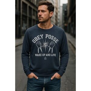 Obey Posse Crewneck Wake Up and Live Graphic Sweatshirt Men's L Streetwear Navy